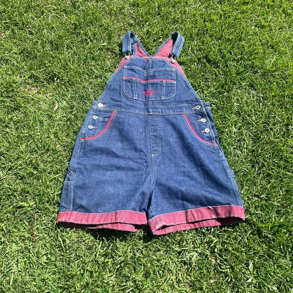 VINTAGE 90s BUM EQUIPMENT DENIM OVERALL SHORT CUFFED LEG STREETWEAR URBAN